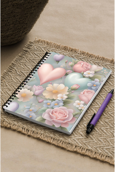 kutuTR 14x21 Vip Modelist Notebook - Heart and Rose Pattern, Wooden MDF Cover, 100 Sheets Checked, 80gr/m2 K505