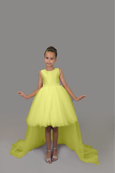 nsmkidslife Yellow Satin Girl's Ball Gown - Short Front, Back Long Train, Graduation Party Dress