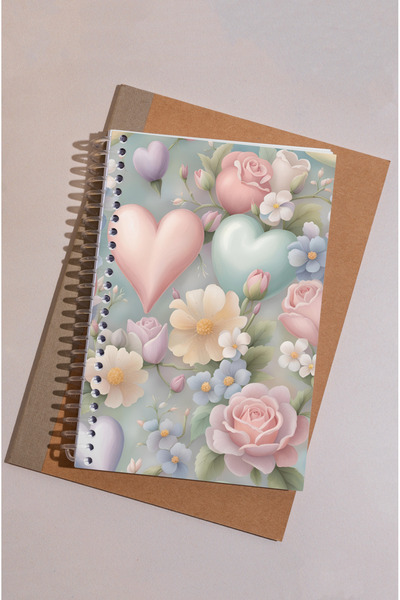 kutuTR 14x21 Vip Modelist Notebook - Heart and Rose Pattern, Wooden MDF Cover, 100 Sheets Checked, 80gr/m2 K505