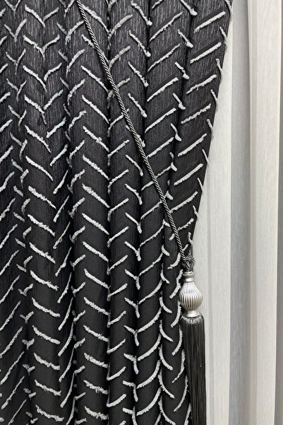 Cortibo Harmony Series Pleated Tasseled Background Curtain - Anthracite & Light Gray