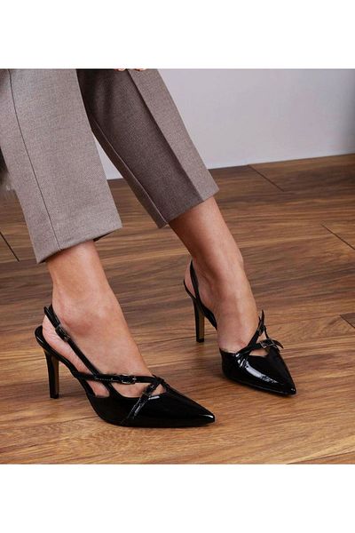 Afilli Stiletto elegant și strălucitor din piele neagră - pantofi confortabili cu toc, cu două curele, vârf ascuțit, spate deschis