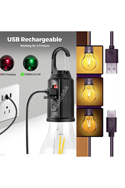 Manessa Taşınabilir Şarjlı Led Ampül Outdoor Kamp Bahçe Lambası 10W Askılı Kı...