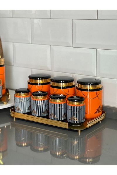 ACAR Orange Porcelain 8 Pieces - Spice, Jar and Kitchen Set with Tray