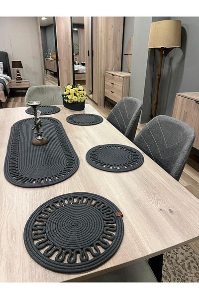 Türkmen Ev Tekstil 6-Piece Wicker Jute Service - American, 1 Runner, 1 Bread Basket and Plate Mat - Home Decor