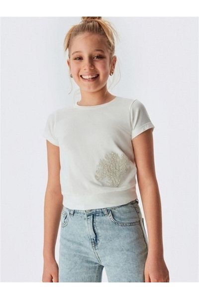 NK Girl's Cotton Half Sleeve Caviar T-shirt with Pearls