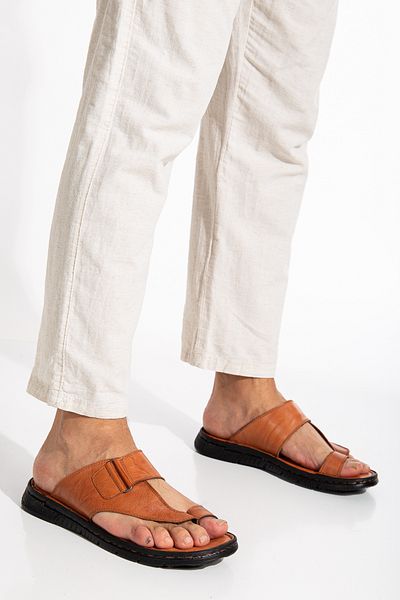 LİLLA Genuine Calfskin Orthopedic Men's Slippers - Thick Pad, Tan, Flip Flops