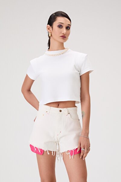 The Pose Kadın Ekru Beş Cepli Yüksek Bel Paçası Dikişsiz Denim Şort