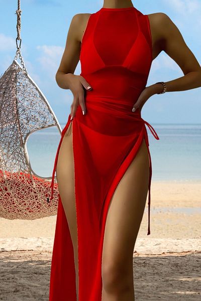 Anastasia Underwear Red Single Jersey Tulle Beach Dress - Tie-Up Waist, Long 66007K