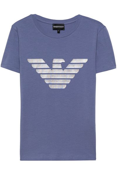 Emporio Armani Tricou albastru din bumbac cu mânecă scurtă cu gât rotund pentru femei - 3D2T7N 2J07Z-0829