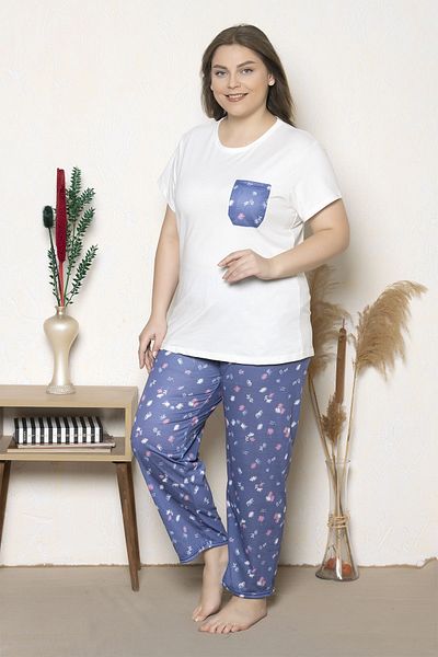 MyBen Set de pijamale supradimensionate cu mâneci scurte cu model de flori de culoare albastră B-17