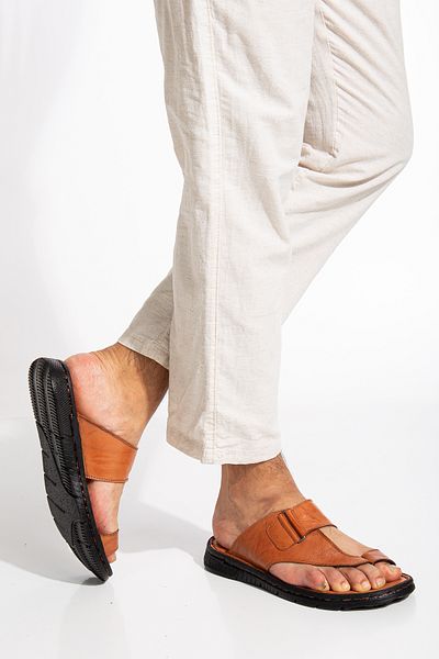 LİLLA Genuine Calfskin Orthopedic Men's Slippers - Thick Pad, Tan, Flip Flops