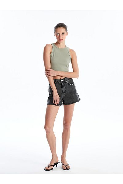 LC Waikiki Γυναικείο τζιν σορτς με στάμπα πέτρας Mom Fit