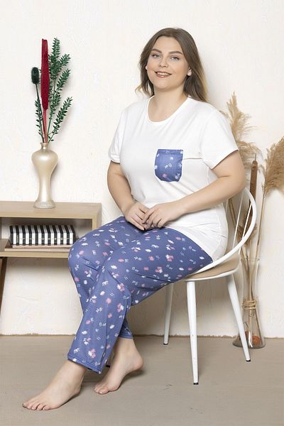MyBen Set de pijamale supradimensionate cu mâneci scurte cu model de flori de culoare albastră B-17
