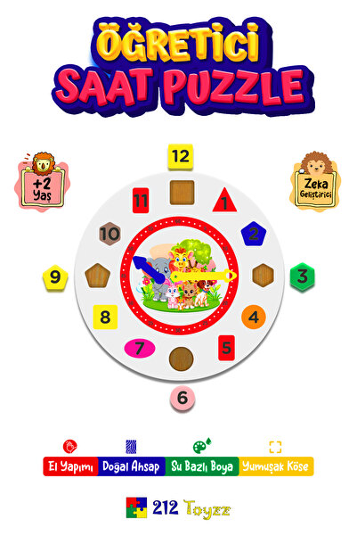 212toyzz Montessori Renkli Sevimli Hayvanlar Desenli Saat Öğretici Puzzle