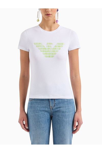 Emporio Armani تي شيرت أبيض - نسائي، قطن، كم قصير، رقبة دائرية، 3D2T7N 2J07Z-0100