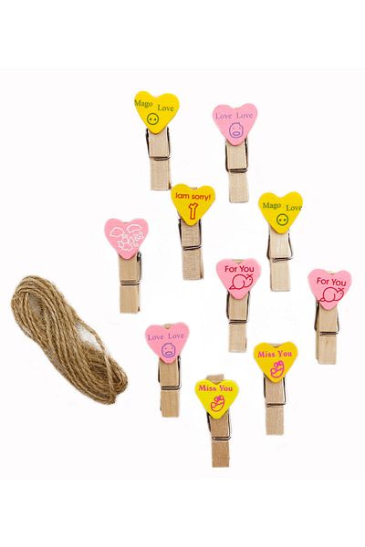 reprodesign 10 Colorful Heart Figured Wooden Pegs - Photo Pegs, with 3.5 cm String