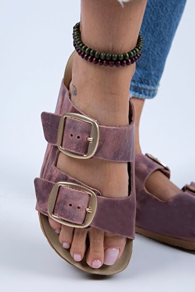 Manijero Irene 2 Women's Antique Genuine Leather Double Buckle Claret Red - Gold Slippers