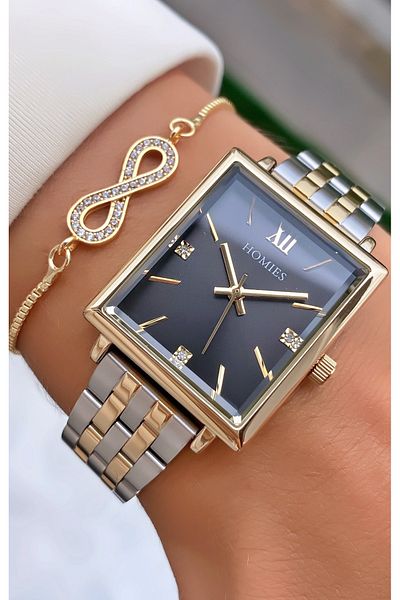 Homies Yellow Silver Colored Waterproof Square Women's Wristwatch and Bracelet Gift