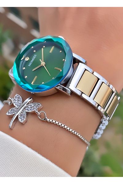 Homies Yellow Silver Colored Waterproof Women's Wristwatch and Bracelet Gift