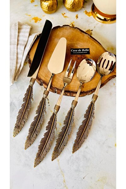 CASA DE BELLA 5 Piece Gold Antique Feather Service Set