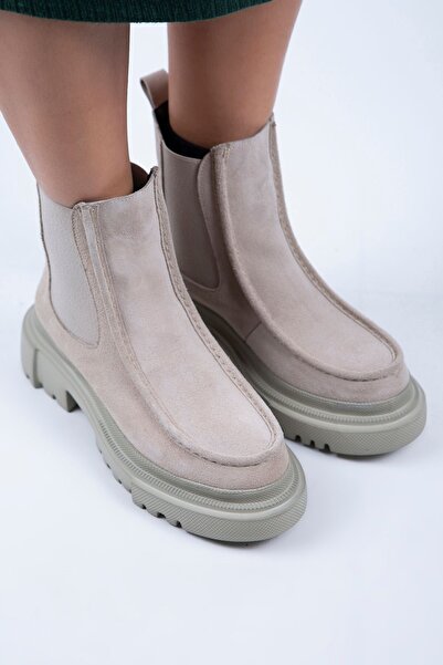 Manijero Agnes Kadın Hakiki Deri Çift Taraf Lastikli Bej Süet Bot