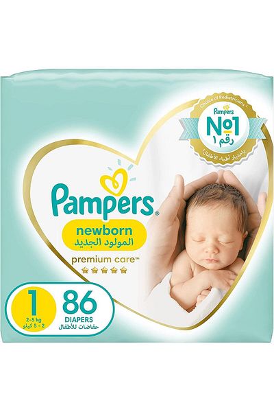 Pampers Premium Care Diapers, Size 1, Newborn, 2-5 kg, Jumbo Pack, 86 ct