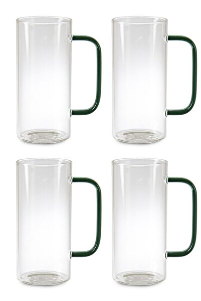 Kitchen Design Lab Yeni Stil Yeşil Renk Borosilikat Yuvarlak Cam Neskafe, Latte, Kahve Bardak Kulplu Kupa 400 ml 4 Adet