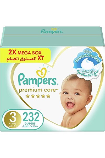 Pampers حفاضات بريميوم كير، مقاس 3، 6-10 كجم، الصندوق الضخم، 232 قطعة