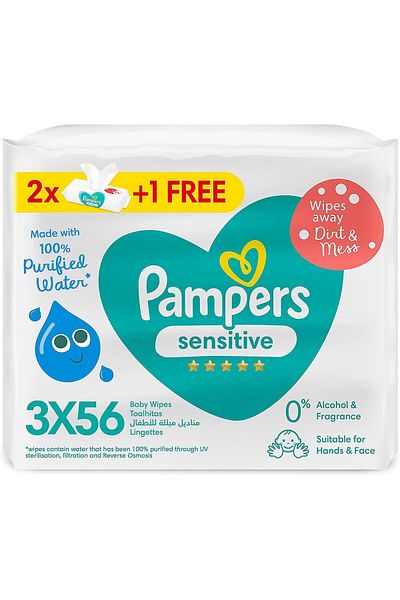 Pampers Sensitive Protect Baby Wipes, Zero Alcohol & Perfume, 2+1 Packs, 168 Wipe Count