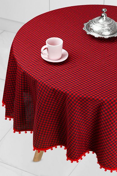 Soft Kare Bommel Gingham Round Pompom Tablecloth Gingham Round