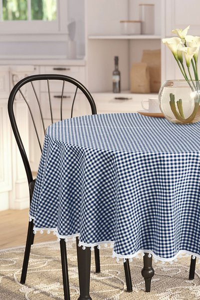 Soft Kare Bommel Gingham Round Pompom Tablecloth Gingham Round