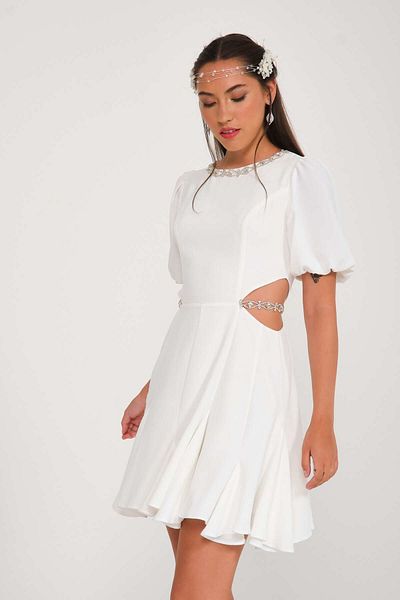 bontesel White Balloon Sleeve Stone Embroidery Detailed Promise Engagement Out Shoot Wedding Dress After Party Dress