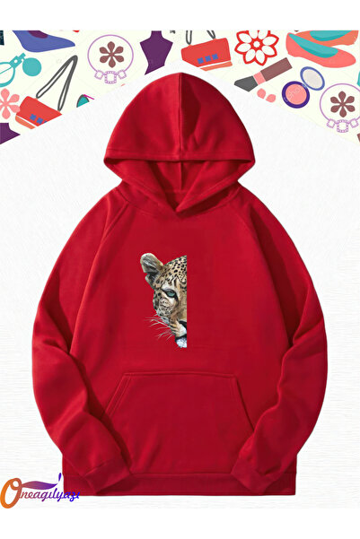 oneagılyazı Women's Half Leopard Print Sweatshirt Hoodie