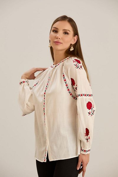 MAY MARA Natural Linen Women's Shirt - Embroidery Detail, Drawstring Collar, Elegant Sleeves