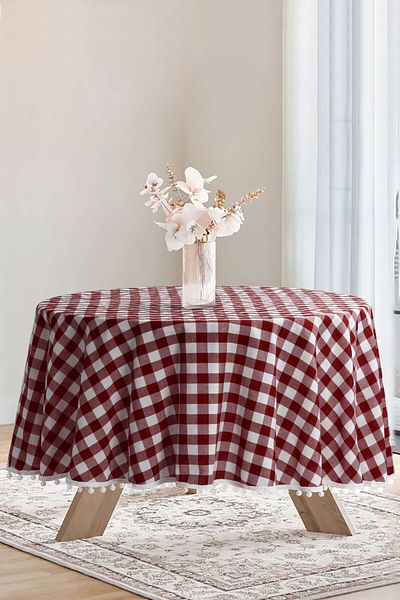 Soft Kare Bommel Gingham Round Pompom Tablecloth Gingham Round