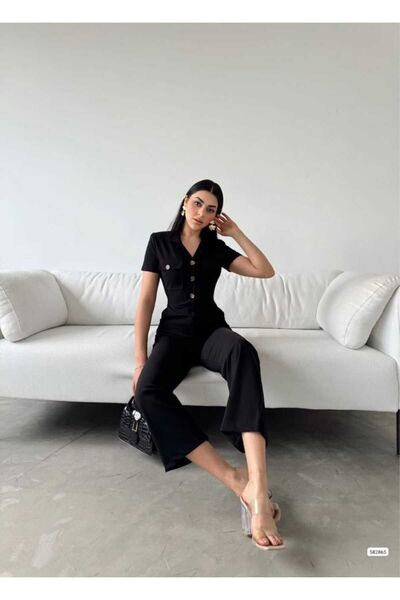 MsLena Butik Μαύρο ύφασμα κρεπ - Ολόσωμη φόρμα μέχρι τον αστράγαλο με γιακά και λεπτομέρεια με κουμπιά Emr335- 582865