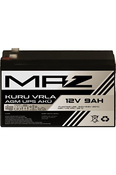 Maz Akü 12 Volt 9 Amper (Ah) Kuru AGM VRLA Güç Kaynağı UPS Akü