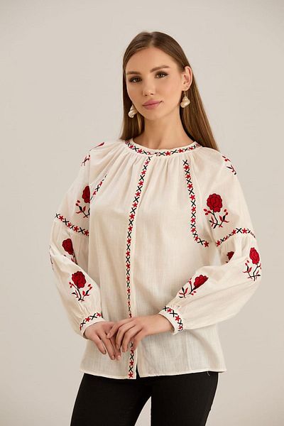 MAY MARA Natural Linen Women's Shirt - Embroidery Detail, Drawstring Collar, Elegant Sleeves