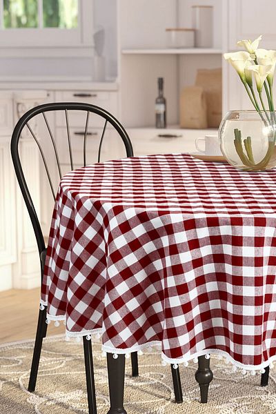 Soft Kare Bommel Gingham Round Pompom Tablecloth Gingham Round