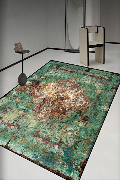 AOKİ Yeşil Vintage Eskitme Desenli Yıkanbilir Kaymaz Taban süngerli Salon Halısı