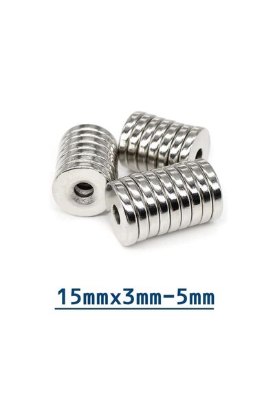 Hdg 20 adet Havşa Delikli Çok Güçlü Neodyum Mıknatıs Magnet 15x3 mm - D10/D5mm delik Çapı