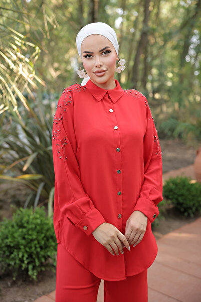 Esre Store Pantolon Gömlek Tesettür İkili Takım Kirmizi