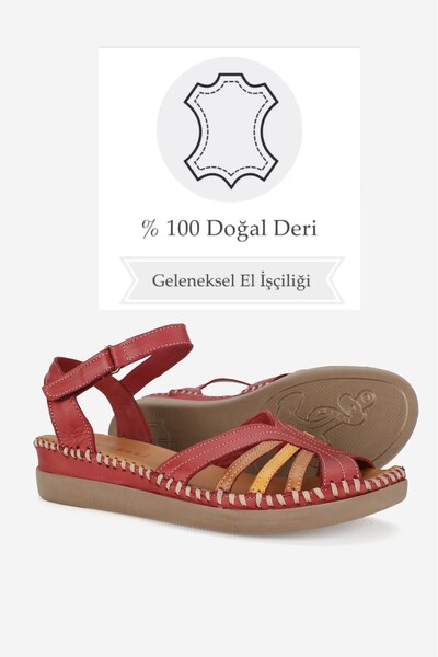 TUNAELLİ Women's Red Genuine Leather - Flat Wedge Heeled, Front Open Strap Sandals 35-41-42
