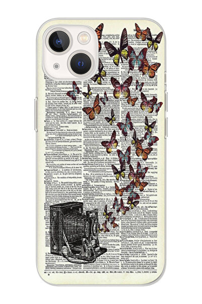 moonset Iphone 15 Uyumlu Vintage Kelebek Tasarımlı Baskılı Şeffaf Telefon Kılıfı