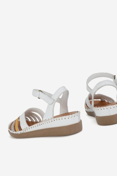 TUNAELLİ White Leather Women's Sandals - Size 35-41-42, Flat Wedge Heels, Front Open Strap