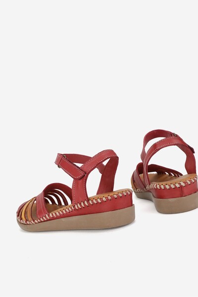 TUNAELLİ Women's Red Genuine Leather - Flat Wedge Heeled, Front Open Strap Sandals 35-41-42