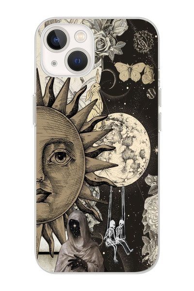 moonset Iphone 15 Uyumlu Ay ve Güneş Tasarımlı Baskılı Şeffaf Telefon Kılıfı