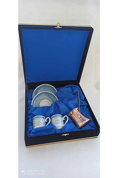 Nihal Süeda Gilded Double Porcelain Cup Set with Velvet Box and Copper Coffee Pot