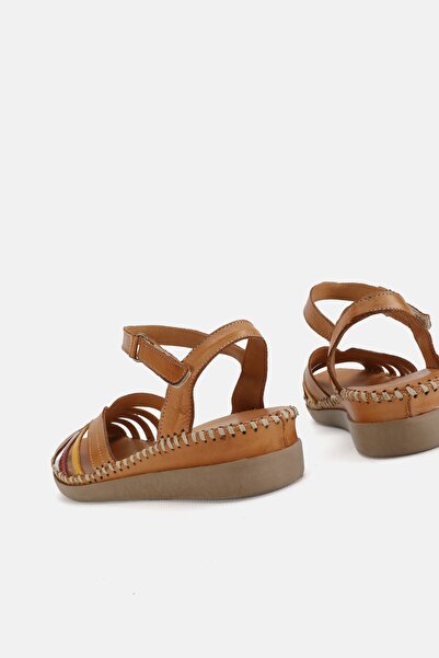 TUNAELLİ Women's Tan Genuine Leather - Flat Wedge Heels, Size 35-41-42, Front Open Strap Sandals