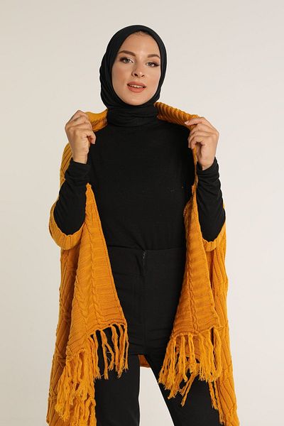 MAY MARA Women's Oversized Hair Knitted Jacquard Poncho Model with Tassels Comfortable Fit Knitwear Cardigan